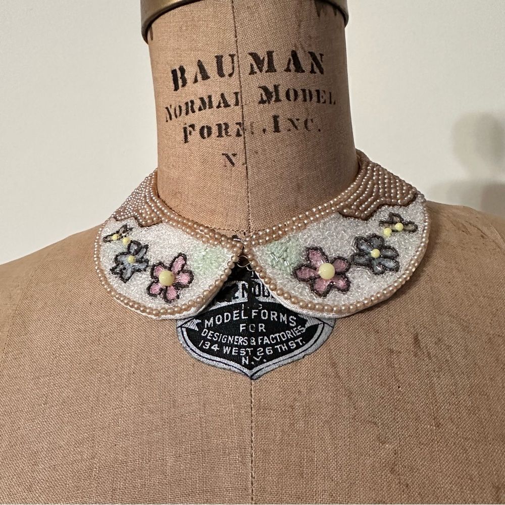 1950s Beaded Faux Pearl Floral Peter Pan Collar Dickey Cottagecore Japan - Picture 2 of 11